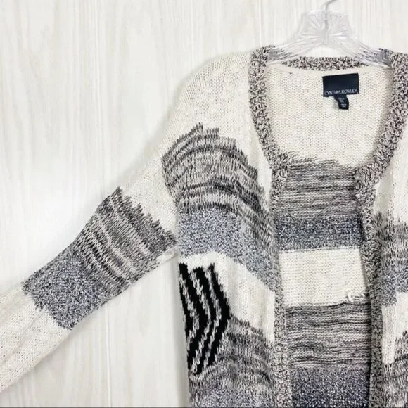 Cynthia Rowley | Black White & Grey Open Front Knit Cardigan Size Large - Picture 3 of 6